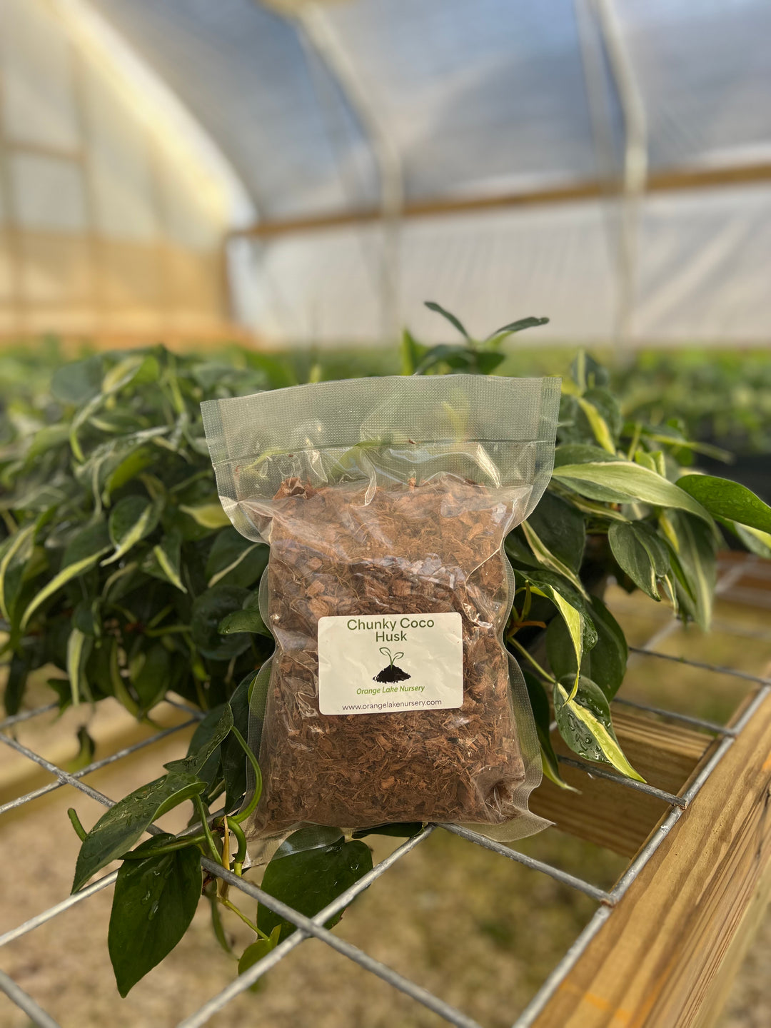 Orange Lake Nursery Chunky Coco Husk bag in greenhouse, enhancing plant growth.